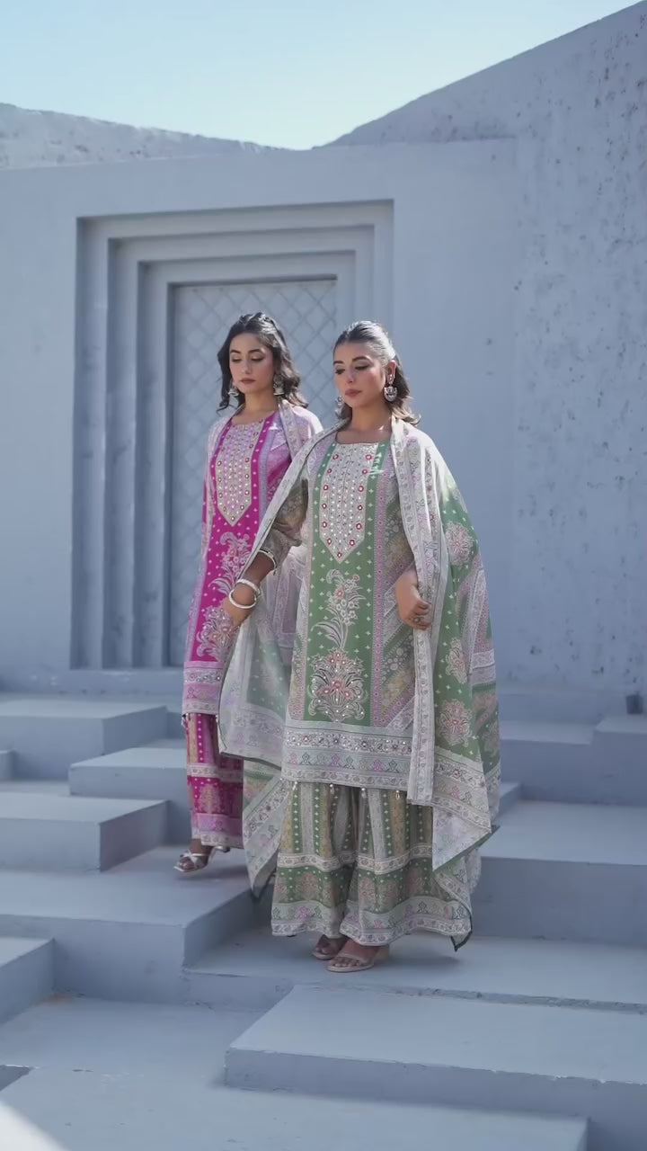 Festive Bloom – Mirror Accent Lawn Sharara Set